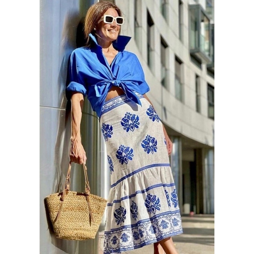 NEW Zara Linen White & Blue Embroidered Floral Tiered Long Skirt Size XS - Picture 9 of 11